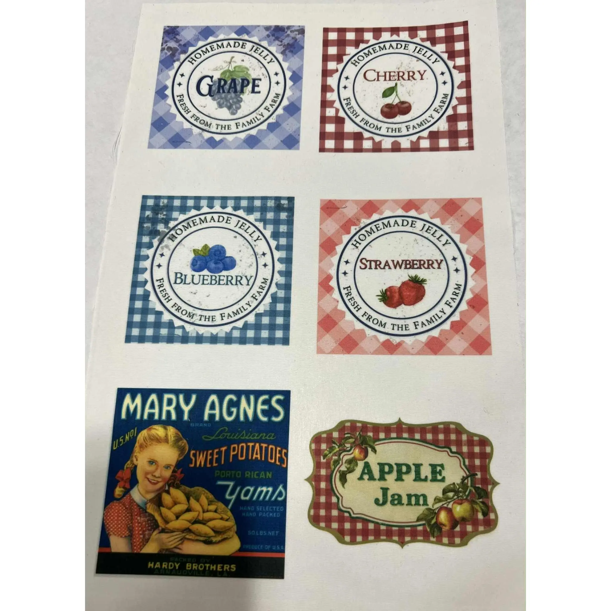 Jam & Jelly Fabric Labels | Grape, Cherry, Apple, Strawberry, Blueberry, Sweet Potato | White Polyester Fabric | Canning Labels
