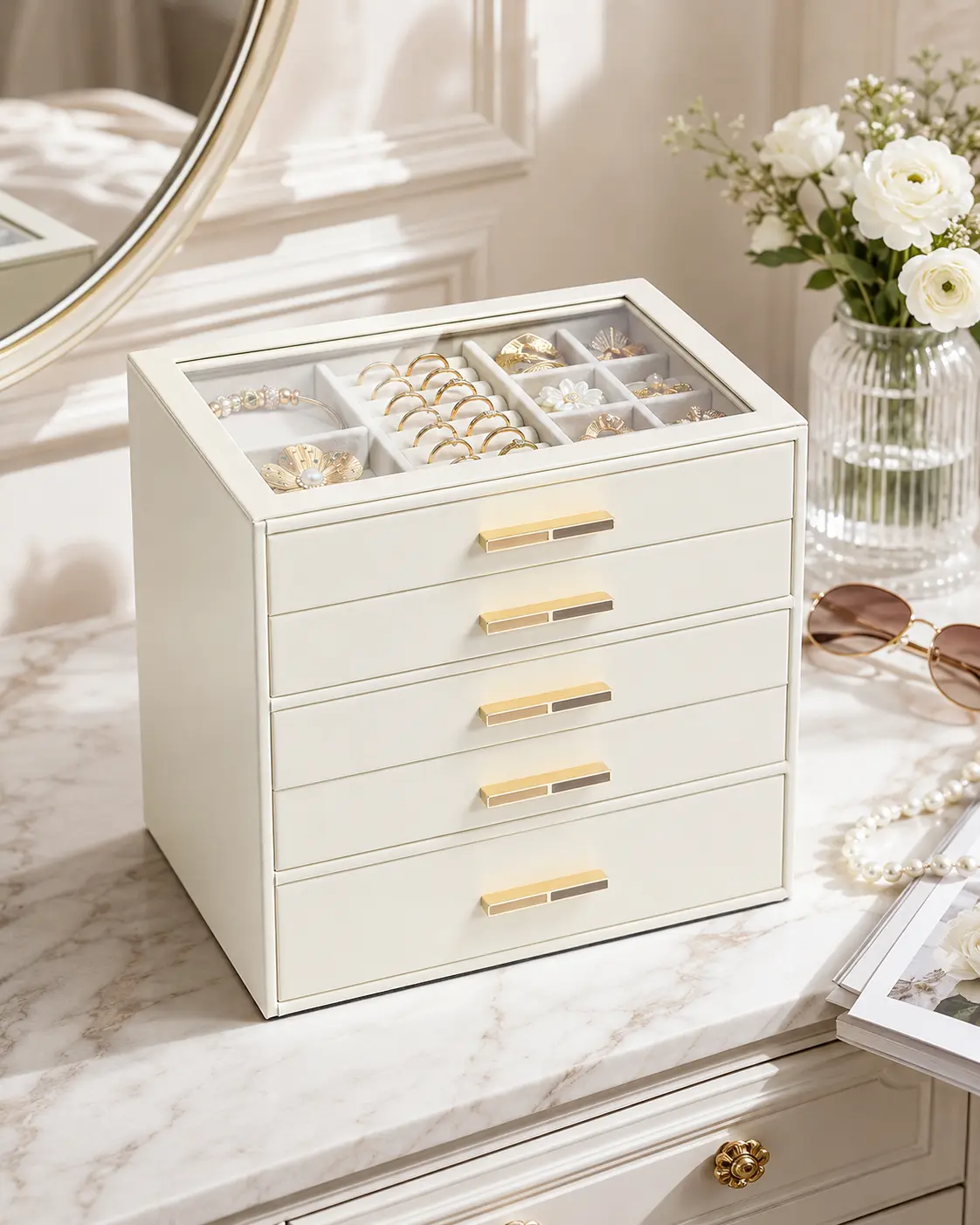 VLANDO Jewelry Box for Women, Large 5-Drawer Jewelry Organizer with Glass Lid, Divided Compartments Jewelry Storage  Organization  Box for Necklaces, Rings, Earrings and Bracelets summerwins,dorm essentials,home decor