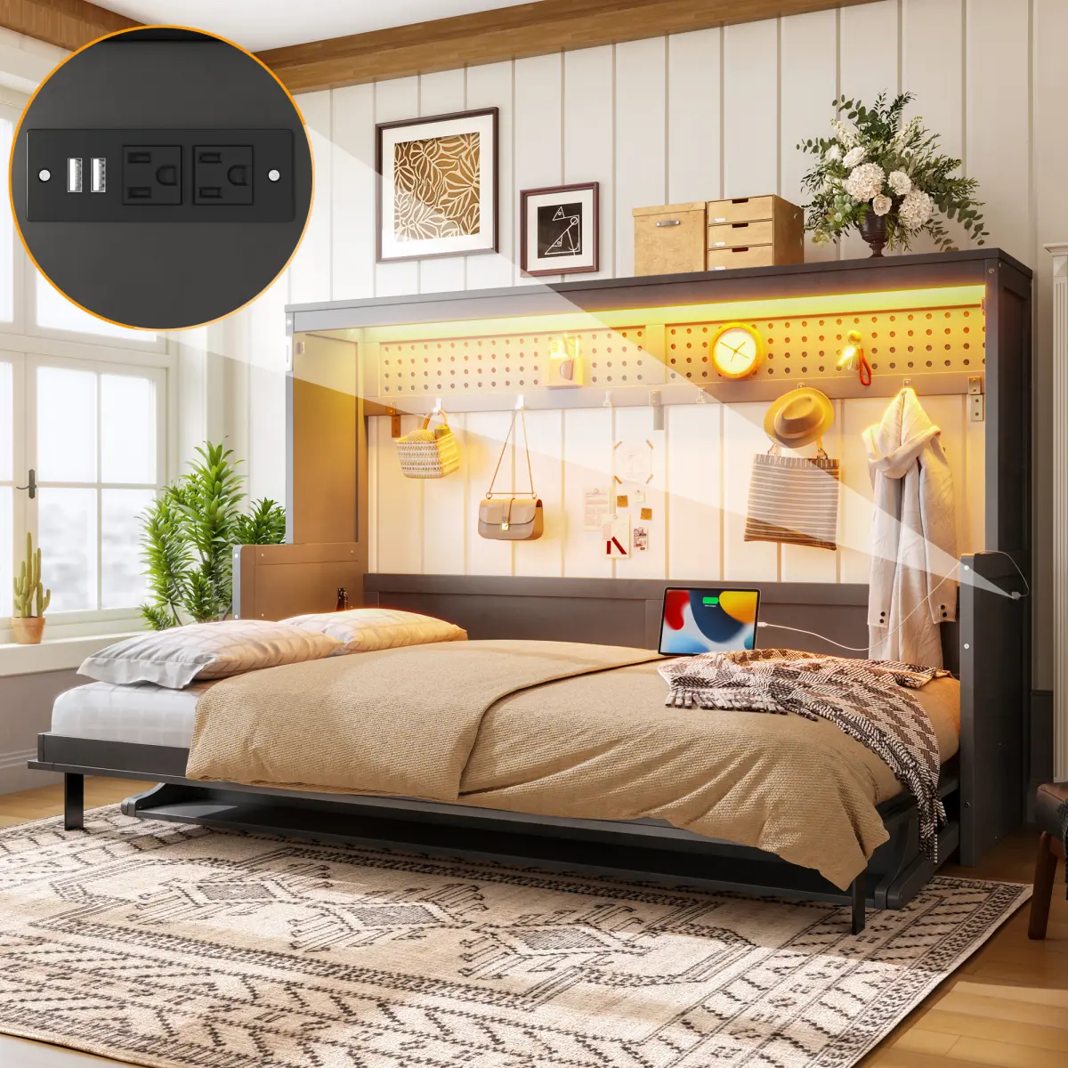 Aobtkel Queen/Full  Murphy Bed with Built-In Desk, USB Charging Station and LED Lights, Space Saving Fold Up Wall Bed with Storage, 650 lbs Capacity, Multifunctional Bedroom Furniture for Home Office, Guest Room, Studio Apartment and Small Spaces