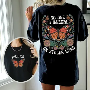 Fu*k ICE Tee, No Human Is Illegal On Stolen Land, Anti Trump Pro Immigration Shirt, Social Justice Human Rights Activist Gift, Fabric, Smooth