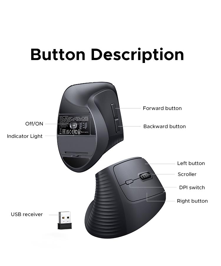 UGREEN Vertical Mouse Bluetooth 5.0 & 2.4G Wireless Ergonomic Mouse with 5 Buttons, 4000 DPI, Balck & Pink Ergonomic Mouse Compatible with PC/Laptop，Only 2.4G Model(Bluetooth not supported),TikTokShopBlackFriday ,Tiktokshopstockup