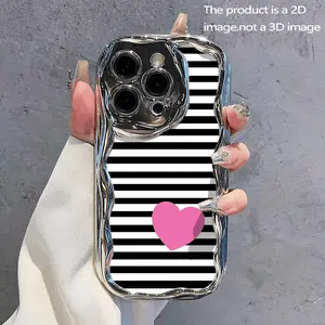 A Stylish Phone Case with a 2D Design Featuring Black And White Stripes And Pink Hearts, Suitable for Iphone 17,16, 15, 14, 13, 12, 11, 7, 8, X, XS, Pro, Plus, And Pro Max. It Has a Unique Wave Pattern And Is Trendy