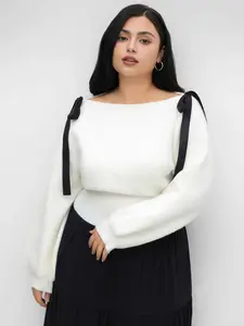 Cider Knit Boat Neck Bowknot Sweater Curve & Plus