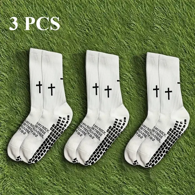 3 Pairs of Unisex Non-Slip Soccer Men's Socks - Mid-Calf, Non-Slip, Sweat-Wicking, Durable, Terry Cloth Sole, Suitable for Soccer, Cycling, Rock Climbing, and Running. Sizes 8-12. Breathable,  Multi-Functional Running Socks with Cross Pattern Football Cro