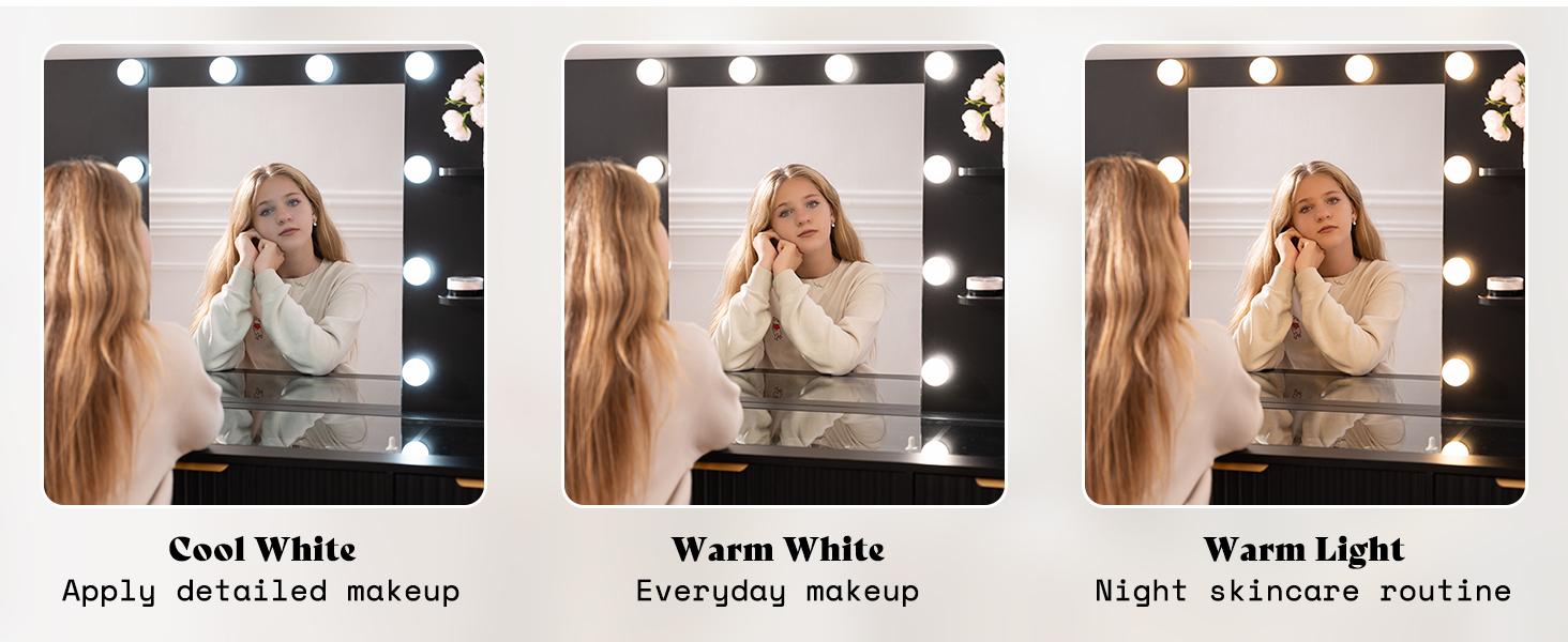 VanAcc 36.2/47.2" Fluted Vanity Desk with Mirror and Adjustable LED Lights, Large 4/7 Drawers Makeup Table with Glass Top and Charging Station for Women and Girls, Bedroom or Dorm