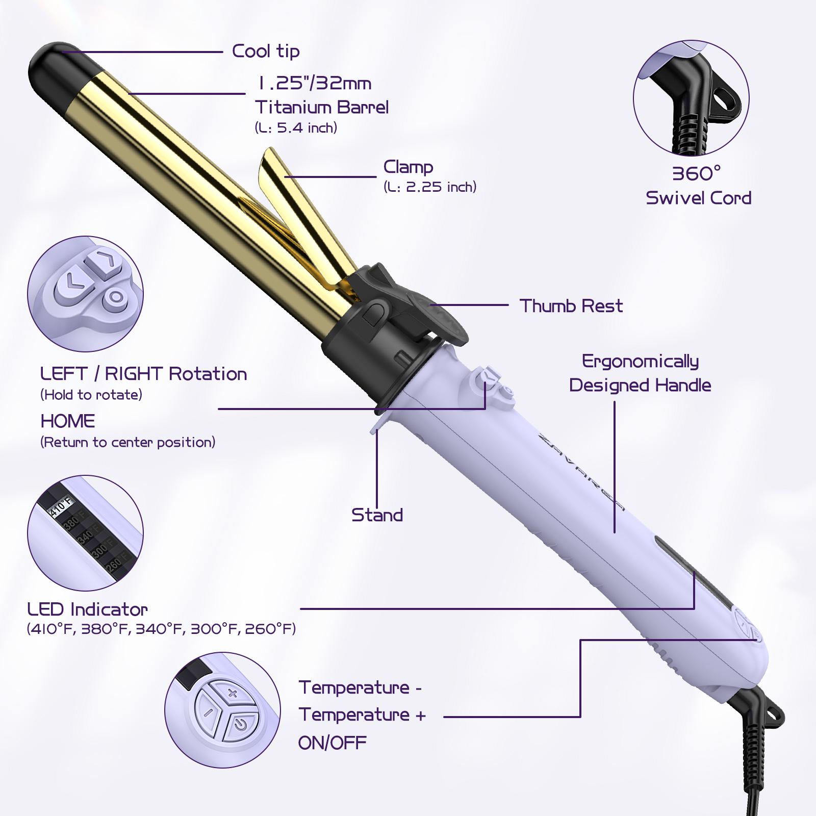 ZAVAREA Automatic Rotating Curling Iron Long Barrel 1.25" x 5.4" Titanium 5 Adjustable Temps 1H Auto Off Dual Voltage Multifunctional Hair Crimper, TikTokShopBlackFriday TikTokShopCyberMonday