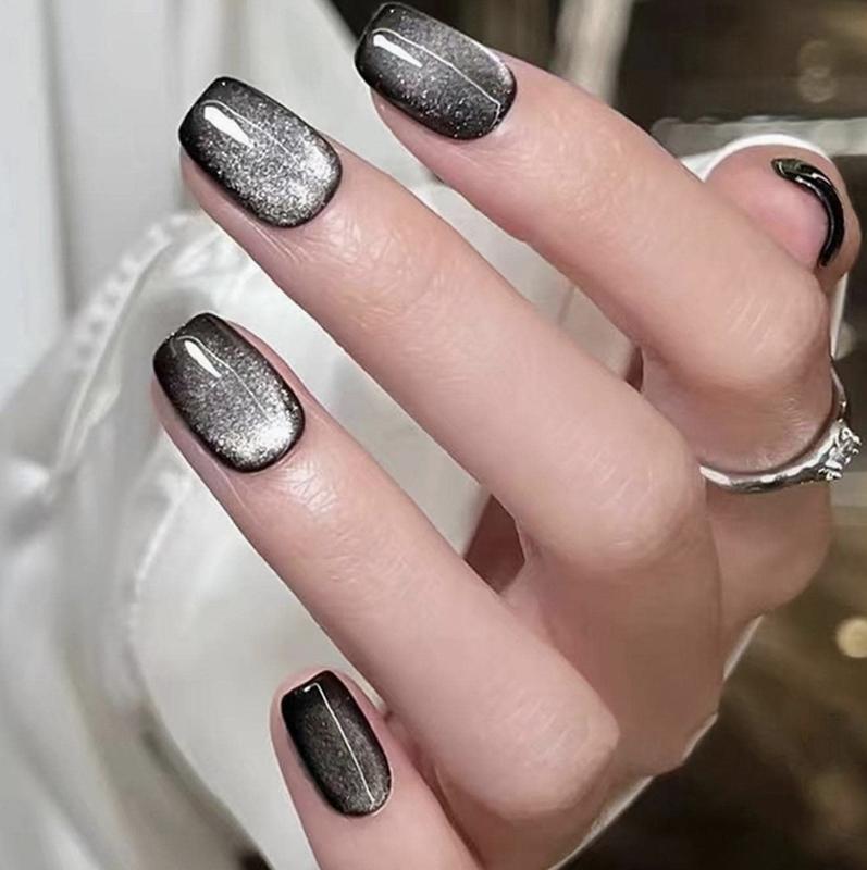 20 Pieces (2 sets) Gleaming Cat Eye Square False Tips Subtle Nude Pink Glossy Reusable Fake Stick on Nails Kit for Women