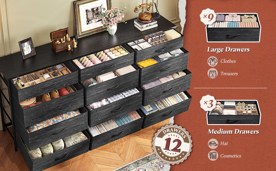 RaybeeFuniture 55" Long Dresser for Bedroom with 12 Fabric Drawers, Entertainment Center for 60 inch TV Dressers & Chests of Drawers, Large Storage Organizer for Closet, Living Room, Metal Frame, Wood Top