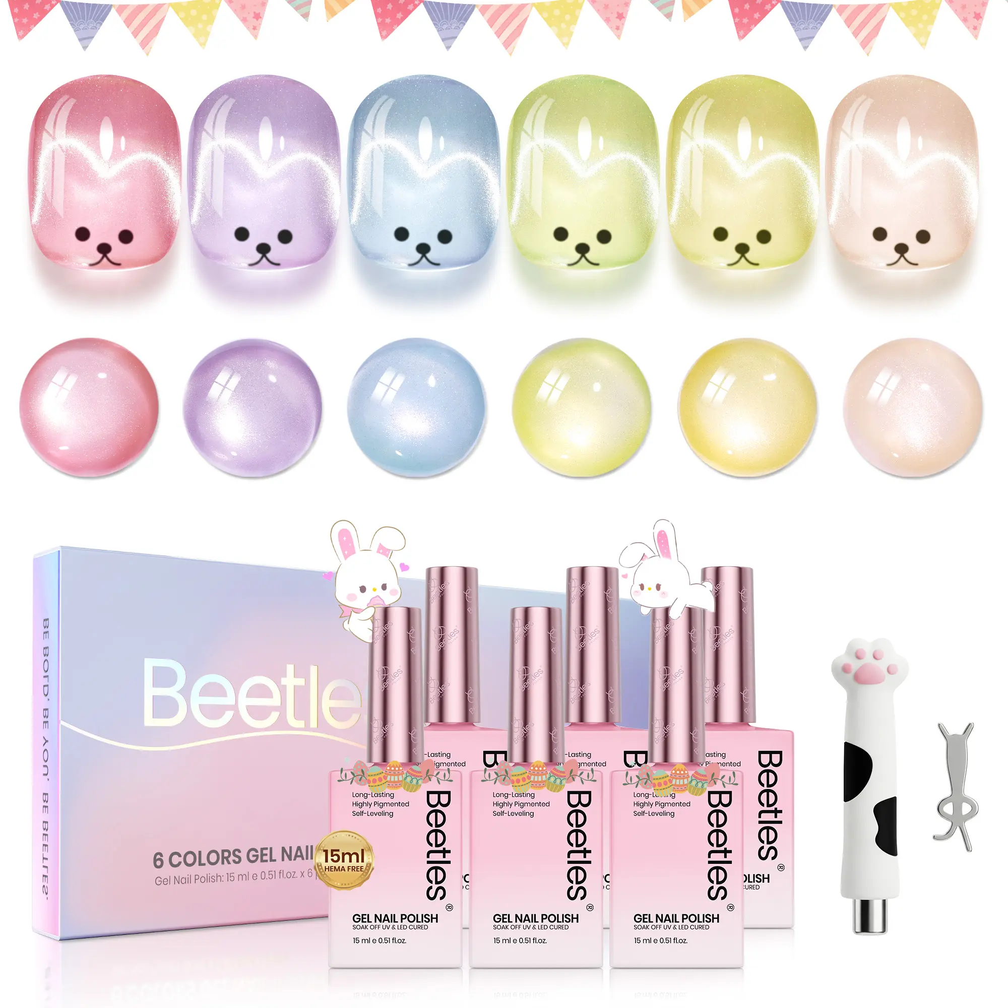 [Exclusive to TTS]Beetles 6 Colors Cat Eye Gel Nail Polish Set - 15ML Sugar Meadow Cat Eye Pastel Gel Polish Kit Glitter Pink Purple Green Blue Orange Peach Yellow Magnetic Soak Off UV Manicure Spring Easter Gift for Women outdoorfun