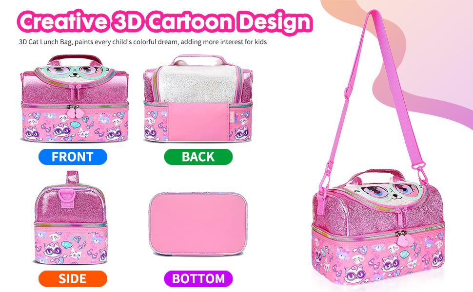 Double Decker Insulated Lunch Bag Tote - 27x18x18cm with Adjustable Strap, 3D Cat Design, Waterproof PU Material, Ideal for Picnic, Party & Travel Zipper Colorful