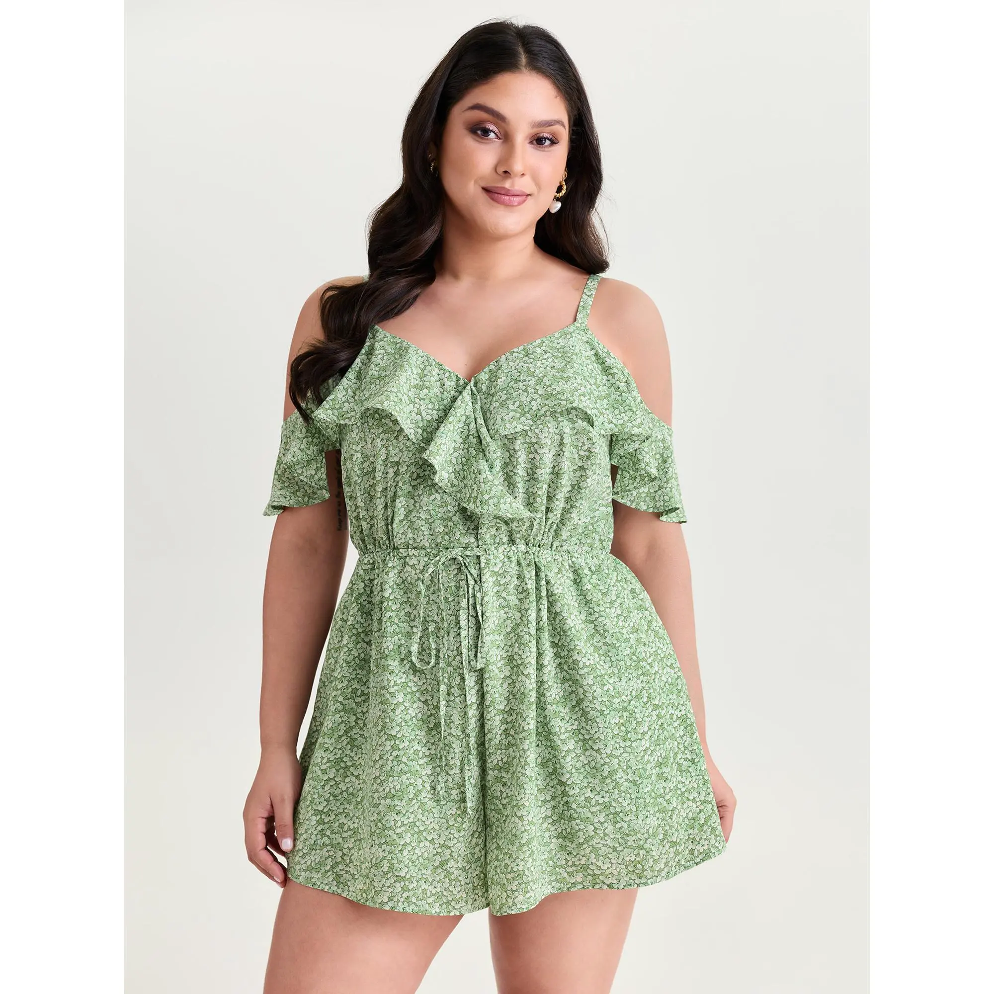 BloomChic Romper, Women's Plus Size Timeless Ditsy Floral Overalls with Ruffled Short Sleeves, a Lace-Up Waist and Pockets, Shortsleeve, Classic, Plus Size Overalls, Low Iron, Iron‑Smooth Look