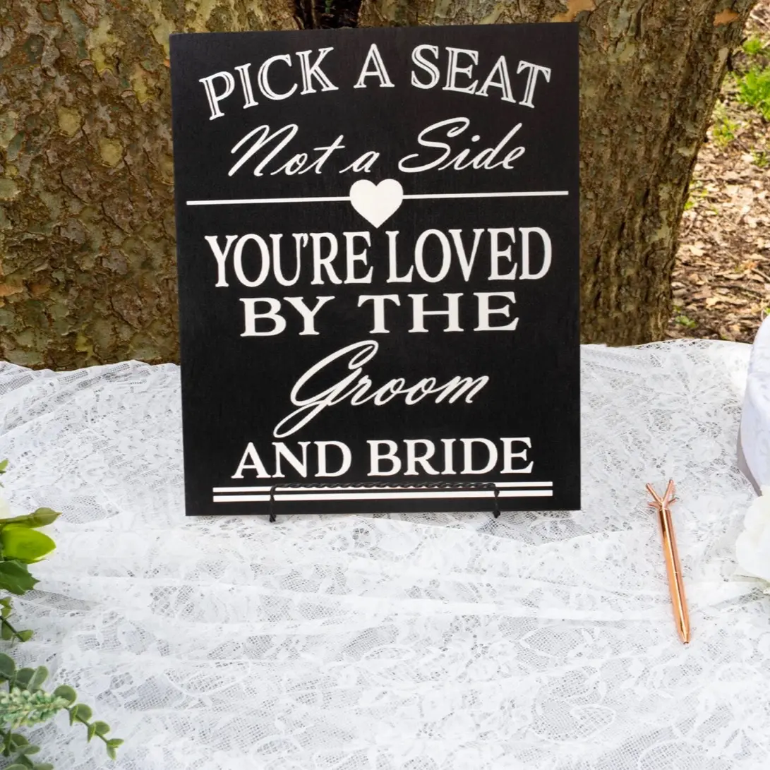 JennyGems Handmade Wood Material Wedding Sign Set - Elegant Heart Design, Outdoor Safe Durable Decor for Ceremony (Pick a Seat Not a Side, Magical Theme, Indoors Home Festive Party Supplies)
