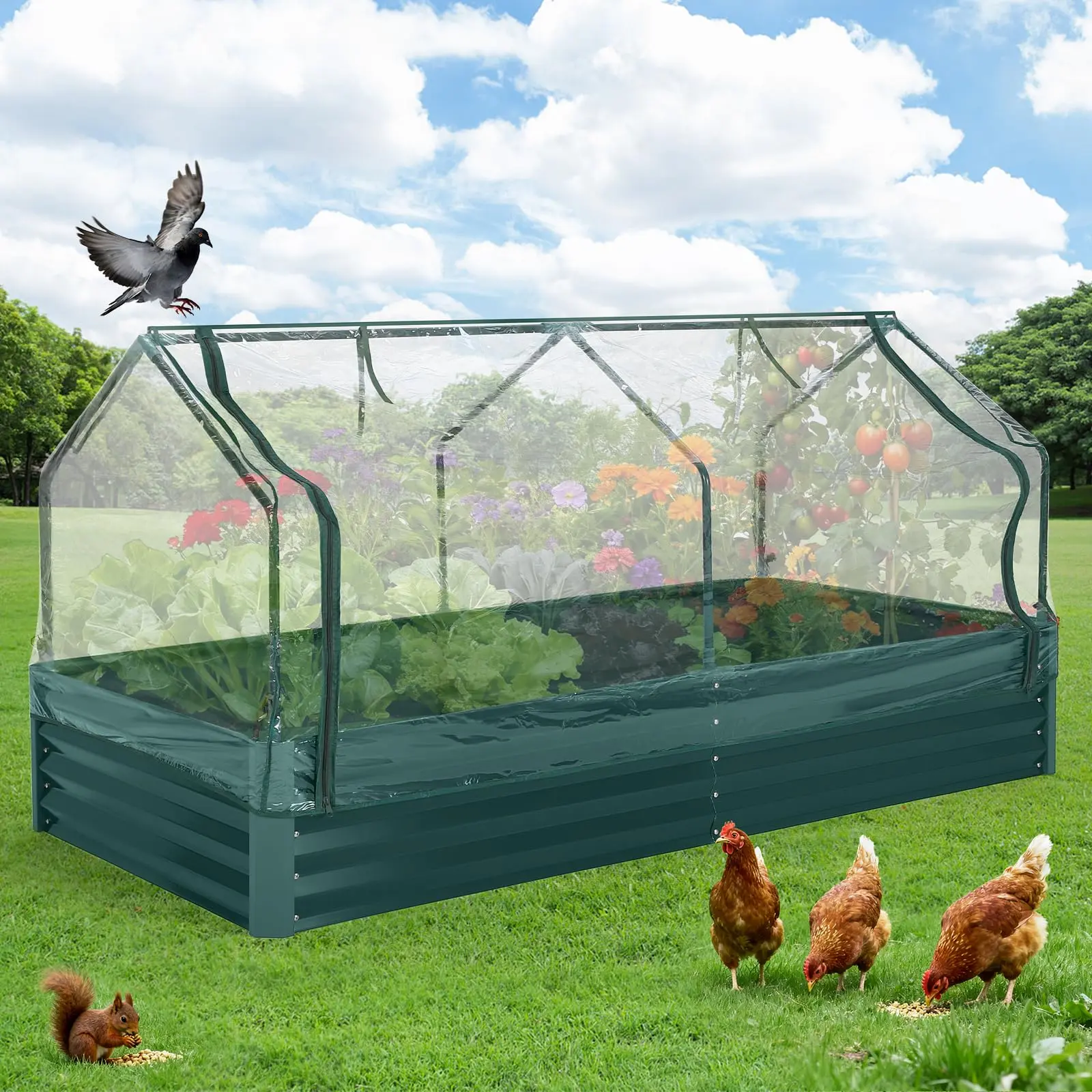 Garvee Raised Garden Bed with Cover ,Outdoor Galvanized Metal Planter Box Kit w/ Zippered Screen Doors, Open Base Design,Planter Box for Vegetables, Flowers-Easy Assembly