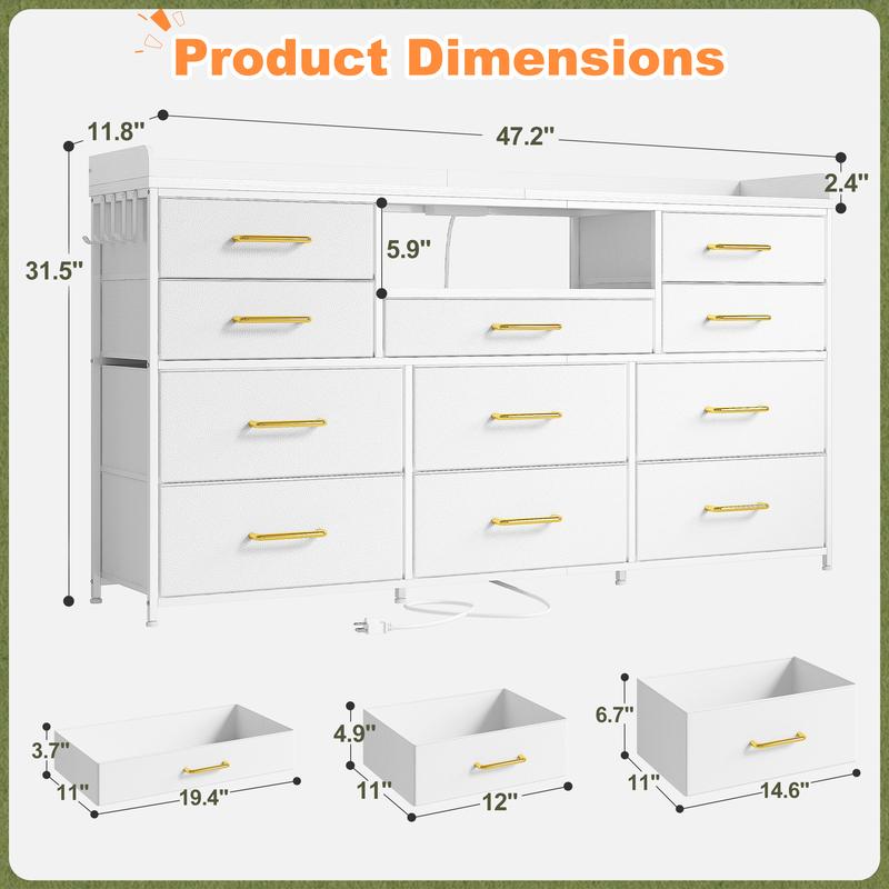 【LaborDaySale】Raybee 11 Drawers Dresser for Bedroom 31'' Height,Sturdy TV Stand with LED & power outlets & 4 hooks Drawerorganizer,Chest of Drawers,Storage Bin Cabinet Furniture