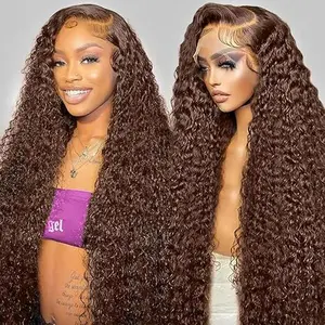 Chocolate Brown Deep Wave Lace Front Wigs Human Hair 200 Density 13x6 HD Lace Frontal Wig Curly Human Hair Pre Plucked Wig for Women Brown Glueless with Natural Hairline Wigs for Beginners  Hd Frontal Wig