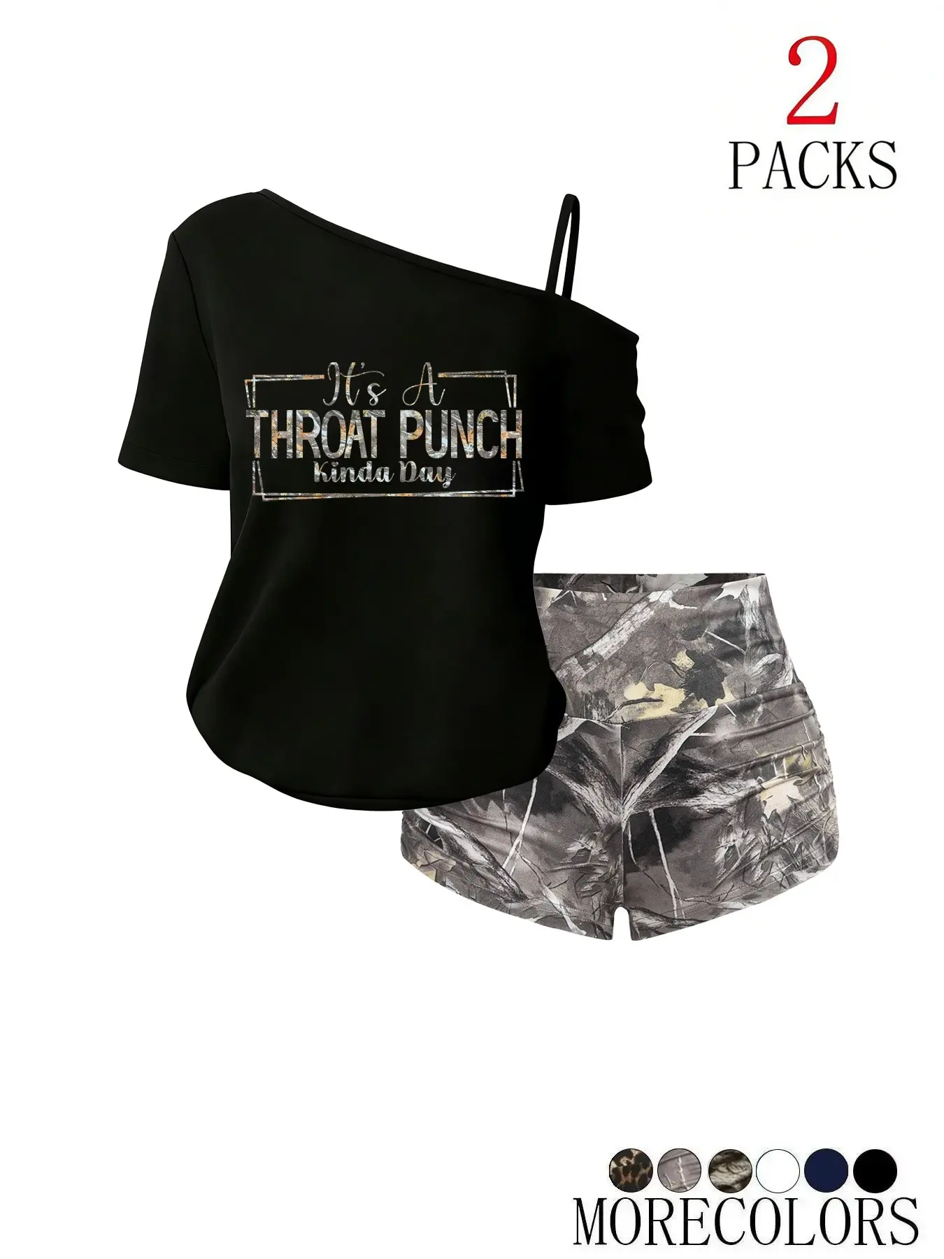 Women's Two-Piece Forest Camo Print T-Shirt & Short Set, Casual One-Shoulder Tee & High-Waist Short, Perfect for Spring, Summer & Fall