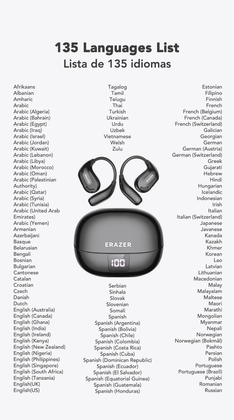ERAZER XT66Pro OWS Translation Wireless Bluetooth Earphones Support 135 Languages Real Time Bluetooth Translation Earbuds HIFI Sound Quality Light-Weight Headphones Built-in Microphone Support Phone Calls Music AI Chat