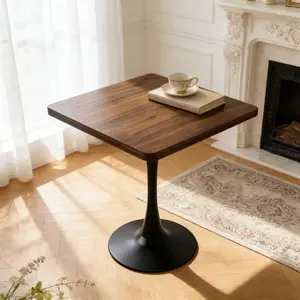 Square Dining Table, 27.6" Tulip Table with Thickened Edge Decor Tabletop & Metal Pedestal, Mid Century Modern Bistro Table for Kitchen, Small Places, Living Room, Cafe ( Walnut Color)