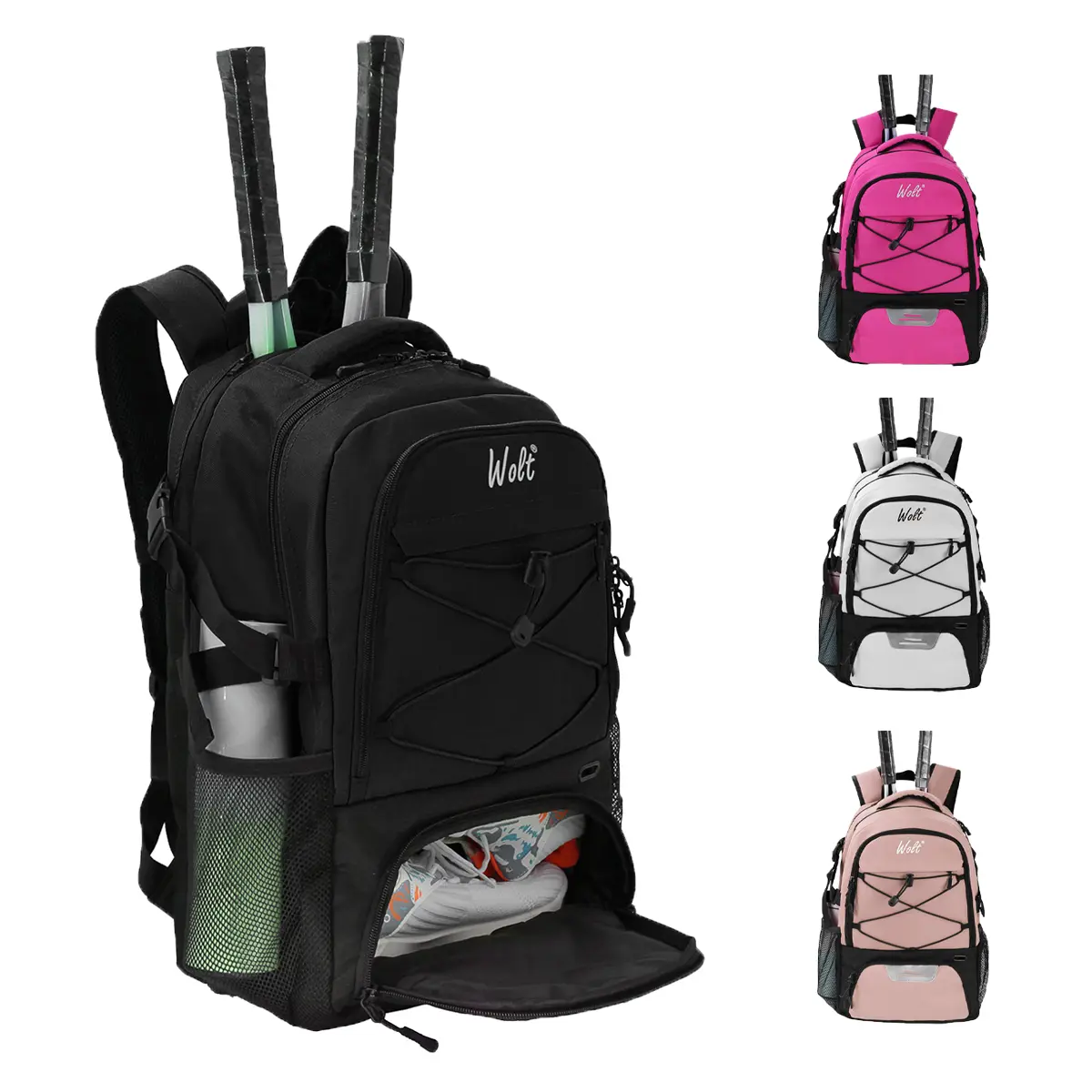 Wolt Tennis Backpack for Adults, 600D Polyester All-Road Style Bag with 2-Racket Holder, Shoe Compartment & Mesh Pockets for On the Road and Everyday Carry, Tennis Equipment, Organizer, Athletic, Breathable Shoes Compartment, All-Road Style Backpacks