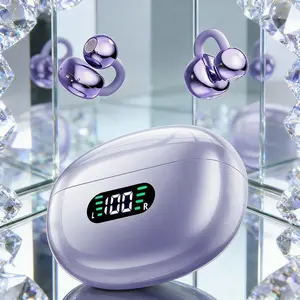 Open-Ear Headphones with Dolby Audio & Noise Cancelling Mic All-Day Comfort Purple Cable Wireless Bluetooth IPX5 Waterproof Earbuds with LED Display