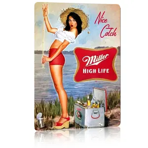 Miller High Life Vintage Retro Pin-Up Girl Aluminum Sign 8x12in Funny Fishing & Beer Wall Decor for Man Cave Bar Garage Nostalgic Gift