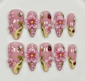 Press On Nails Ladybug Bee 3D Floral | Pink Polka Dot Garden Fake Nails Long Almond Handmade Spring Cottagecore Nail Art