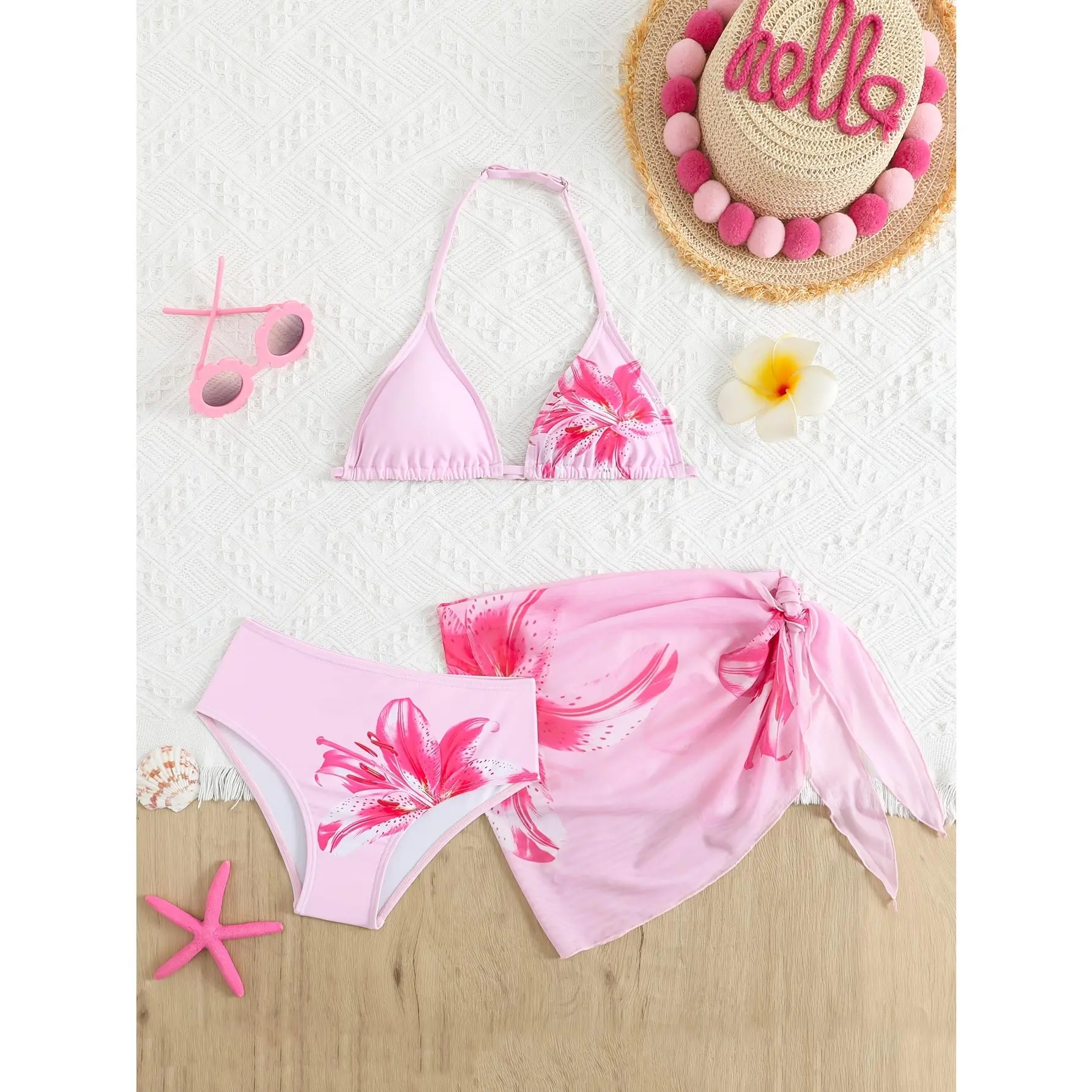 Girls' 3-Piece Floral Printed Bikini Set with Skirt - Bikini Tops and Bottoms, Swimsuit Costume Set, Bathing Suits for Big Kids (7-8y, 9-10y, 11-12y) Summer Beach Vacation Kids Clothing Girls Swimwear