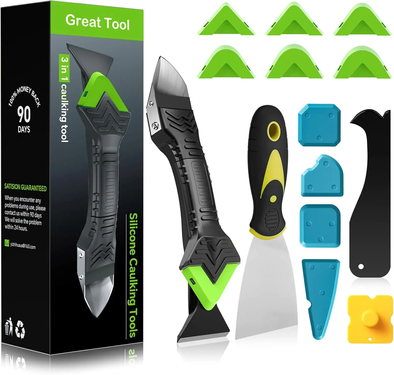 3-in-1 Silicone Caulking Tool Kit, Stainless Steel Caulk Remover and Sealant Finishing Tool with Silicone Seam Tool and Putty Knife for Bathroom Kitchen Window Sink