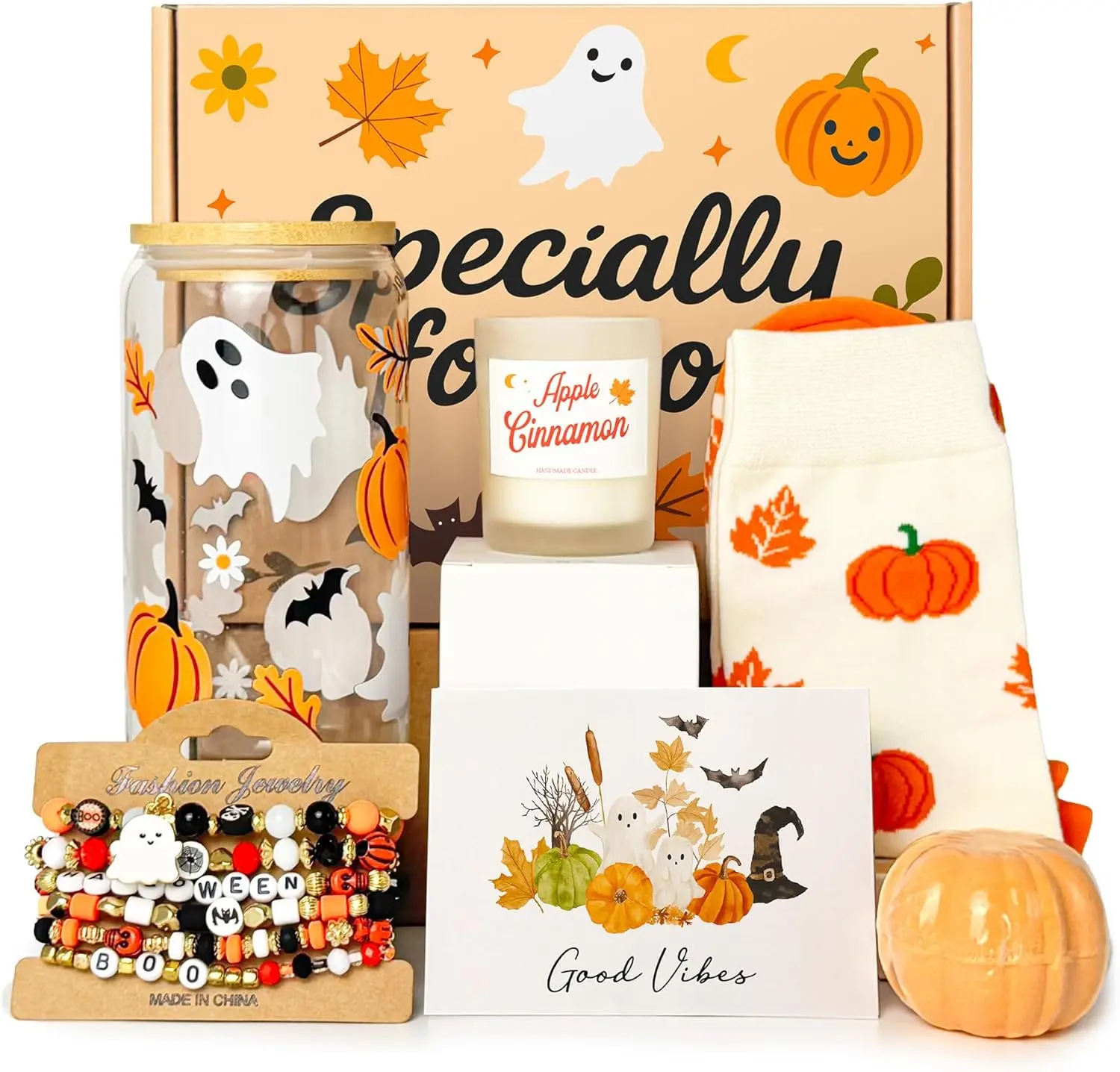 Spooky Halloween Spa Gift Box for Women-Teens, Boo Basket Stuffers Gift Set with 16oz Glass Cup, Socks, Candle, Bath Bomb, Bracelet, Crochet Pumpkin, Pumpkin Ghosts & Spa Items