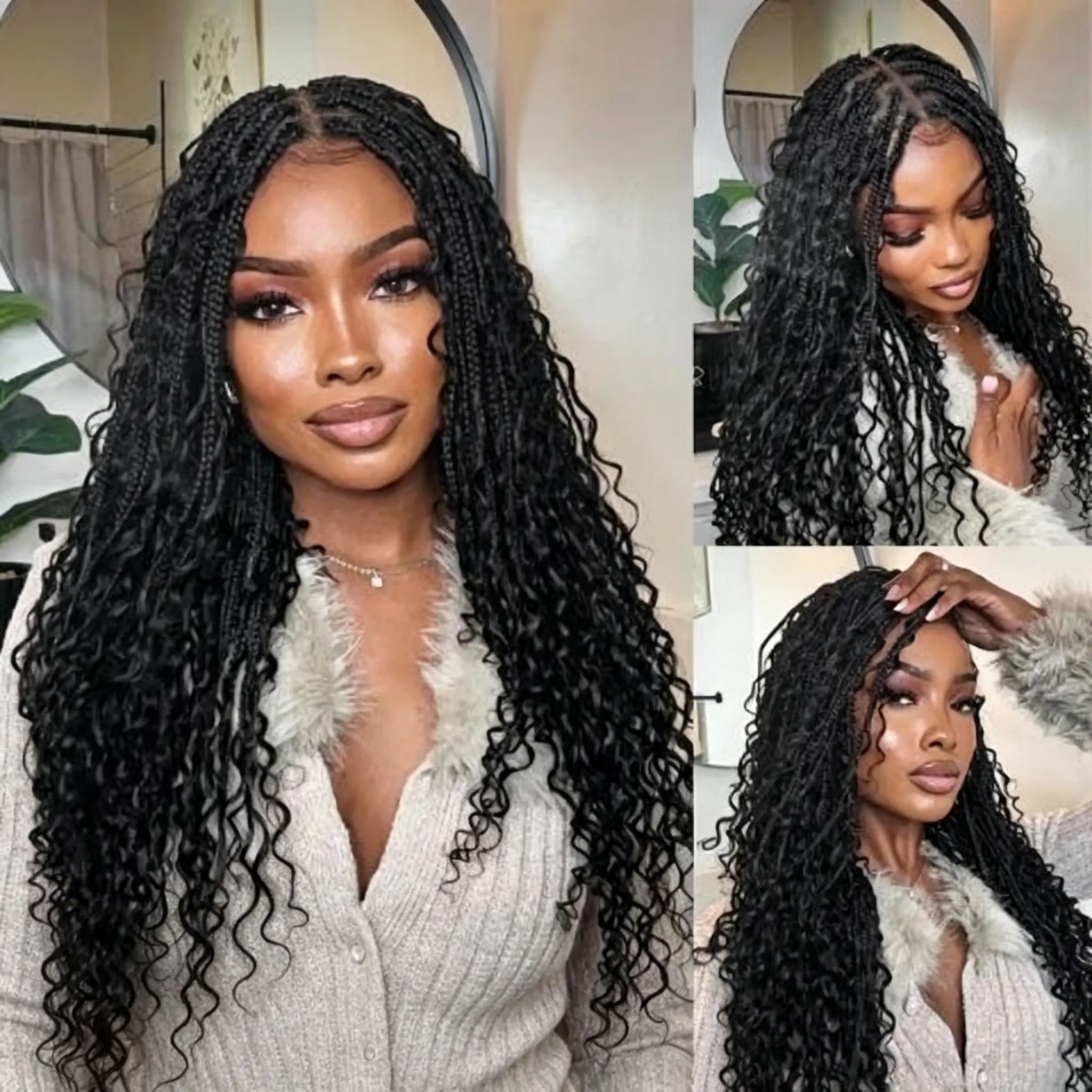 Ashimary Black Women's 26" Boho Knotless Box Braided Wig, Full Double Lace Frontal 360 Lace Blended Hair Wig with Braided Curls, 428 Ashimary Black Women's 26" Boho Knotless Box Braided Wig, Full Double Lace Frontal 360 Lace Blended Hair Wig with Braided Curls, 428