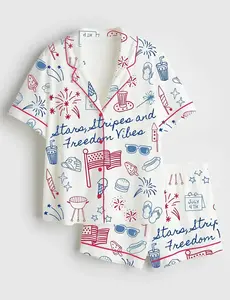 Stars Stripes And Freedom Vibes 4th Of July Patriotic America Satin Pajama Set Adults, 4th Of July Sleepwear, Homewear Patriotic Gifts Women