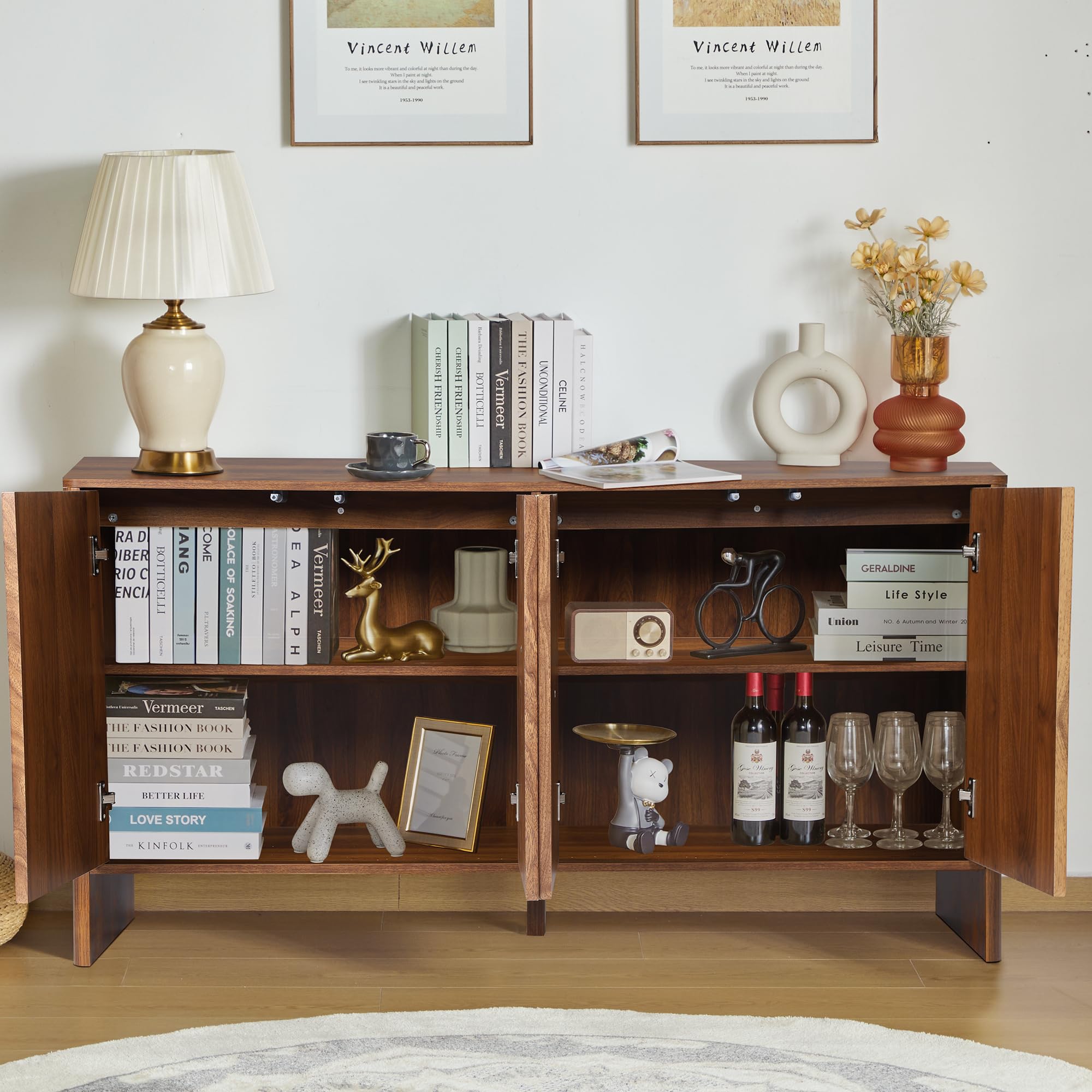 Giratree 57.87" Sideboard Buffets Cabinet, Modern Accent Storage Cabinet with 4 Fluted Doors and Adjustable Shelves, Wood Credenza Buffet Sideboards, Console Table for Kitchen Dining Living Room Entryway