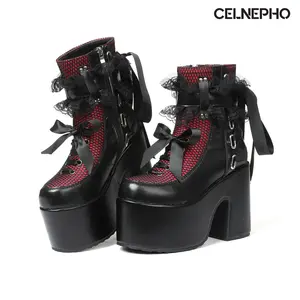 CELNEPHO Ankle Boots for Women Round Toe Goth Boot Side Zipper Closure Platform Boots Lace up Punk Style Combat Mesh Design Motorcycle Riding Comfy Jennifers Body Boot Cosplay Party Dress Shoes