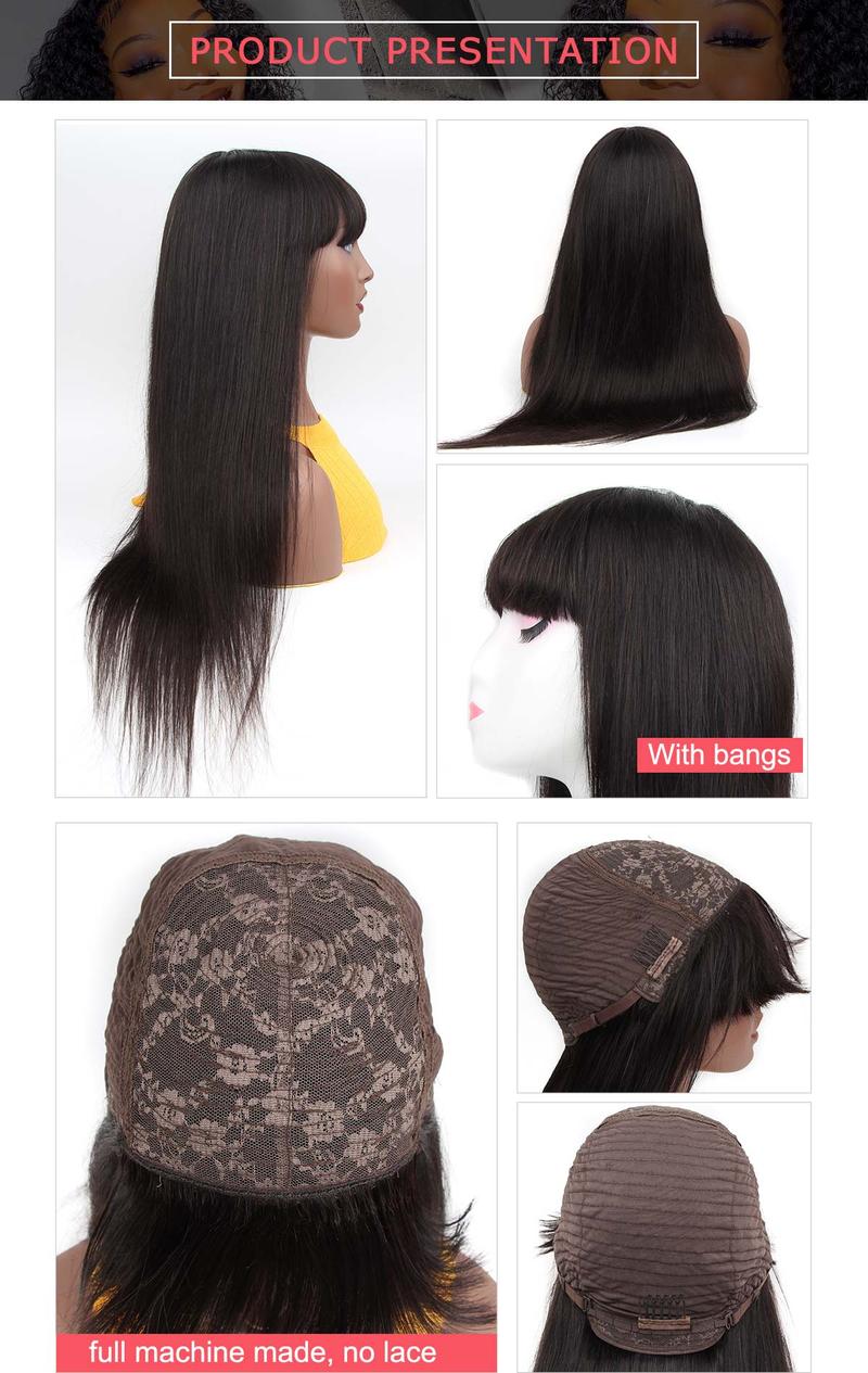 ISEE HAIR Straight Glueless Wig With Bangs Machine Made Sew In Wig Human Hair-Made Natural Black for Everyday Wear #Category Spotlight