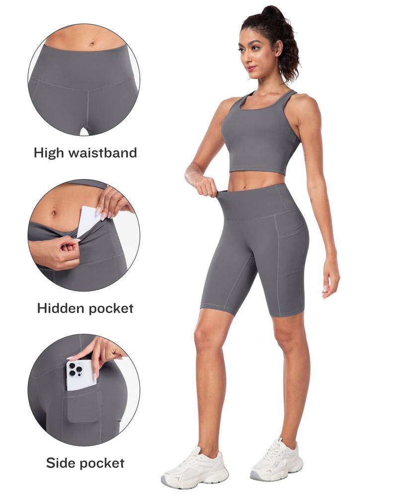 【Free 3-Day Shipping】2026 New 2-Piece Workout Set Racerback Longline Sports Bra & Mult-Pockets Biker Shorts Comfortable Breathable for Everyday Wear Fitness Running Training Sportswear Spring Autumn - Sporty Casual Seamless