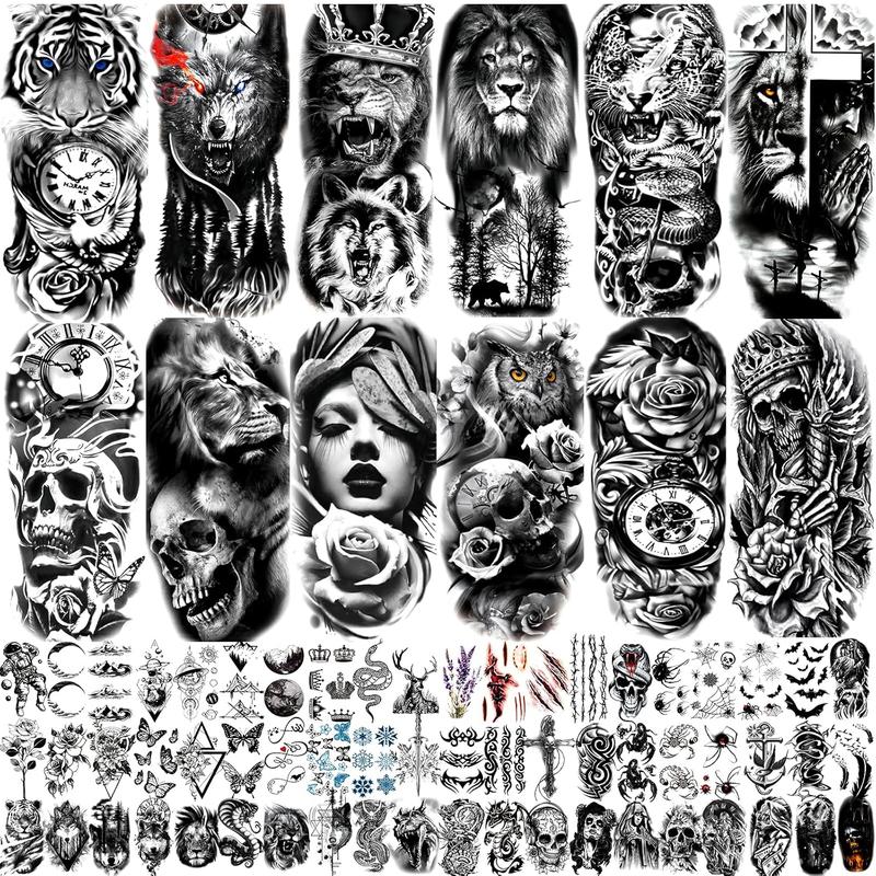 82 Sheets Temporary Tattoo for Men Women Adults, Include 12 Sheets Black 3D Half Sleeve Temporary Tattoos, Halloween Tattoos Scary Lion Wolf Tiger Skull Skeleton Tattoos Stickers