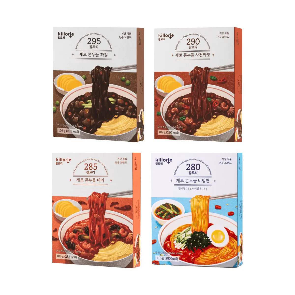 KILLORIE Korean Jajangmyeon Noodles 4 Flavors Variety Pack (436g) - Authentic Korean Black Bean Sauce Noodles, Spicy Sichuan Zha Jiang Mian, Classic Bibim Guksu, Refreshing Spicy Mix Noodles