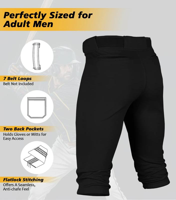 Penveer Knicker Style Adult Baseball Pants with Durable Snap Zip, Elastic Bottom Mens Baseball Pants (Black) Athletic Stretchable High Waisted Athletic