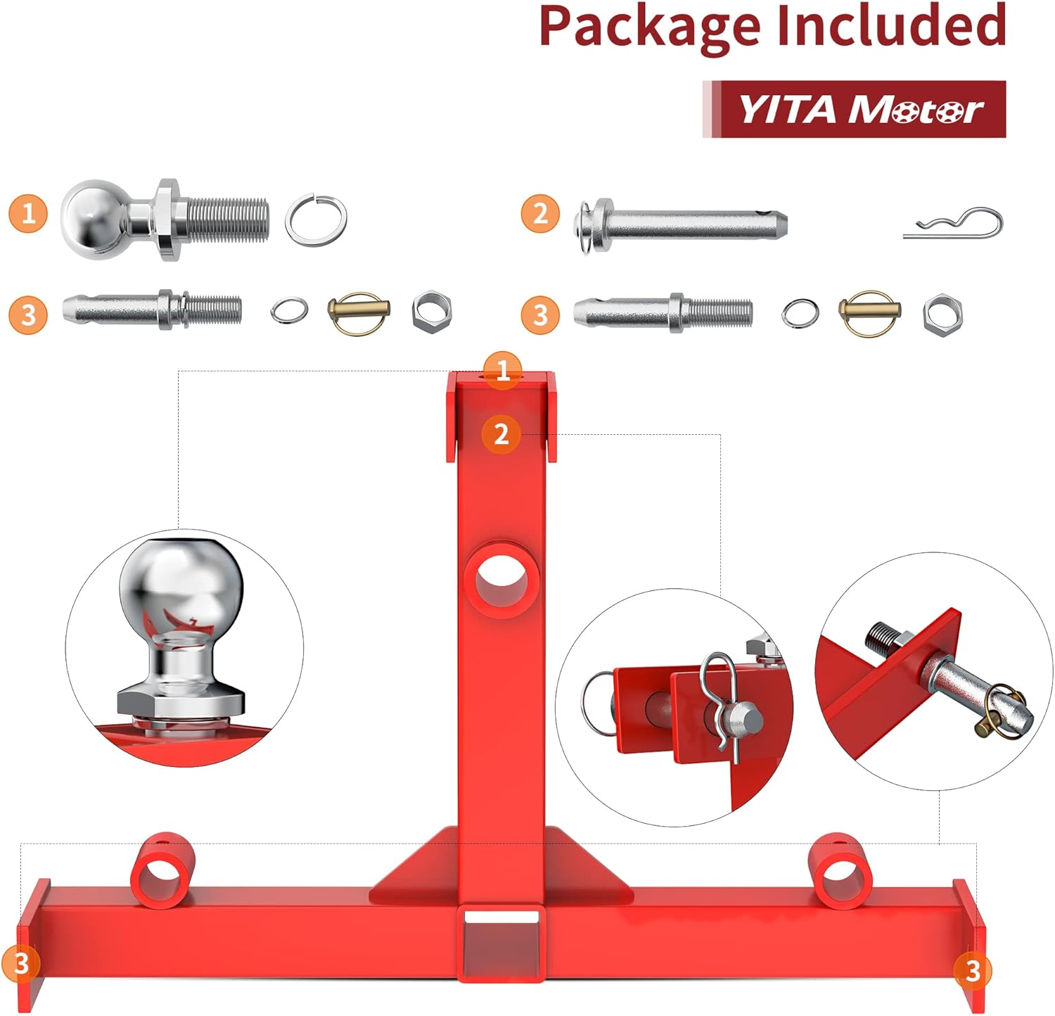 YITAMOTOR 3 Point Trailer Hitch with 2" Receiver for Category 1 Tractors, 3000 lbs Capacity Tow Hitch with Trailer Gooseneck Ball Drawbar