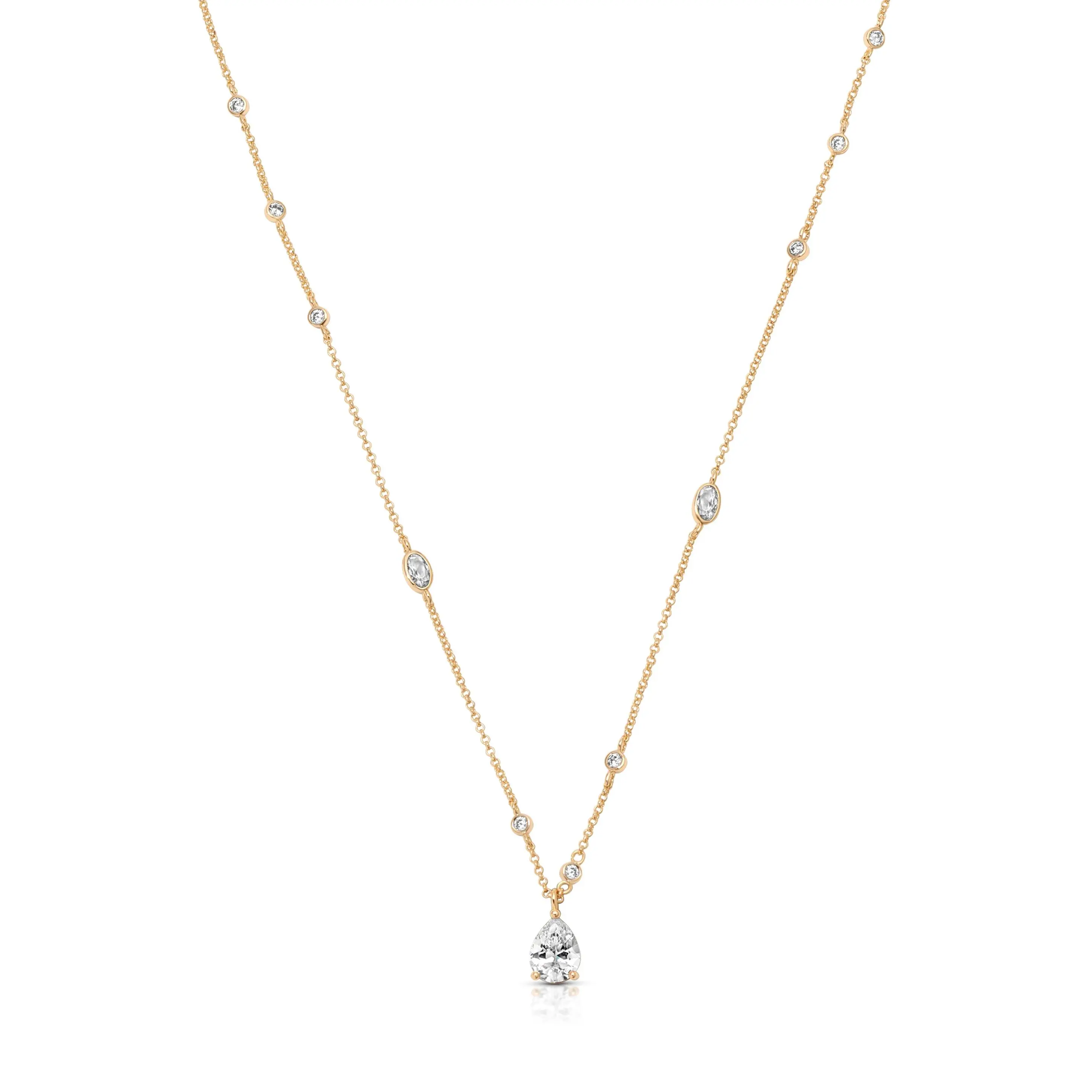 Delicate Pear Crystal Pendant Necklace – 18K Gold Plated Chain with CZ Accents, Minimalist Elegant Jewelry