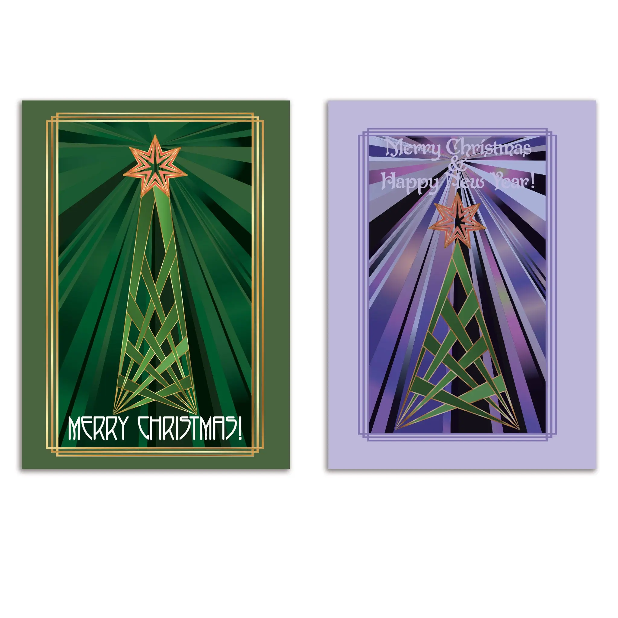 24 Nouveau Noel Art Deco Christmas Tree Cards in Emerald & Lavender with Envelopes