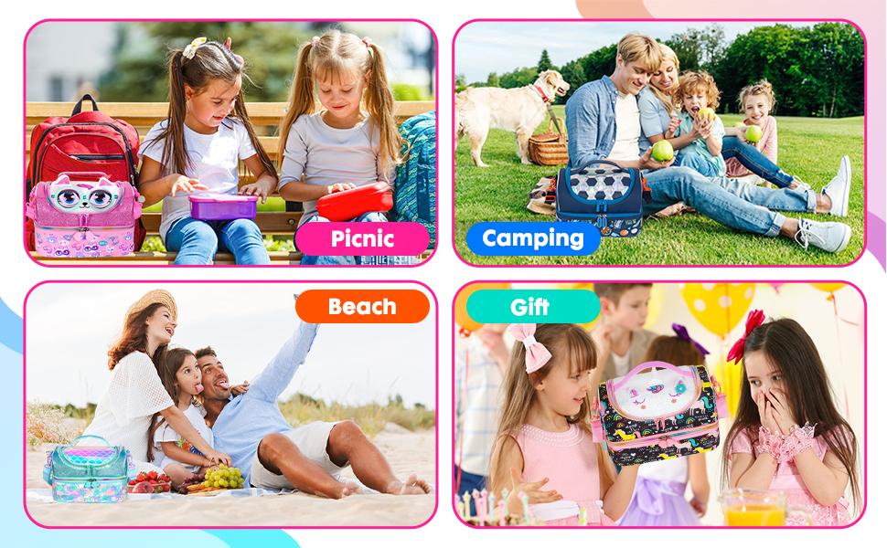 Double Decker Insulated Lunch Bag Tote - 27x18x18cm with Adjustable Strap, 3D Cat Design, Waterproof PU Material, Ideal for Picnic, Party & Travel Zipper Colorful