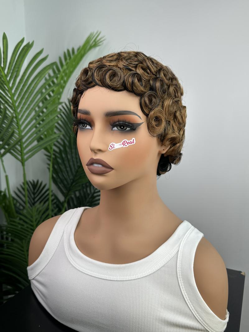ShowRealHair Wig 025 Pixie Cut Wig for Black Women Short Bomb Curly Wigs Brazilian Virgin Human Hair Short Pixie Cut Layered Wig
