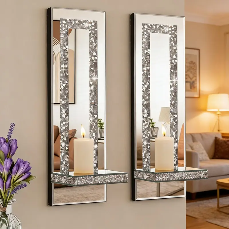 Nordic Wall-Hanging Storage Decorative Mirror with Shelf, Diamond Glass Organizer with Candlestick, Modern Luxury Wall Decor for Home, Living Room, Bedroom, Entryway
