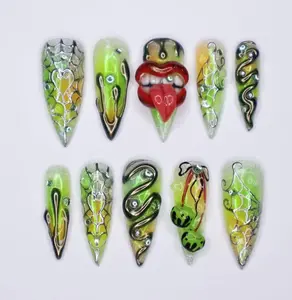 Halloween 3D Press on Nails With Lips, Snake & Green Cherries, Long Stiletto Fake Nails, Spooky Handmade Gothic Nail Art for Costumes