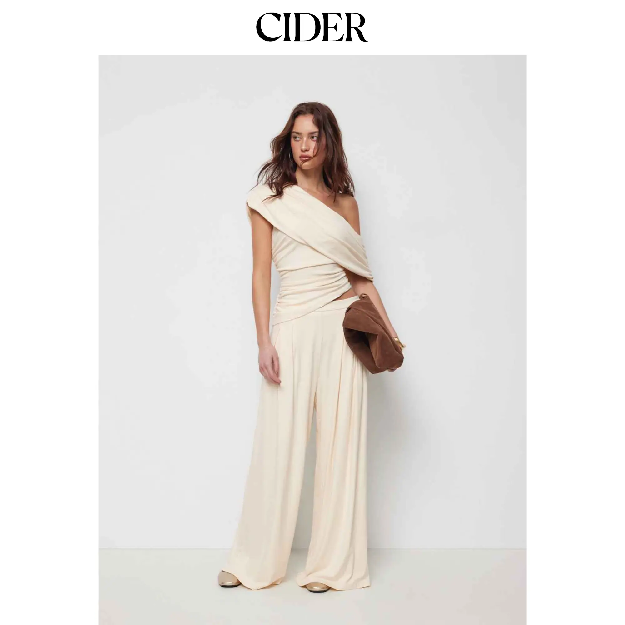 Cider Elegant 2-Piece Matching Set for Women, Casual Party Outfit with Asymmetrical Shirred Top and Mid Rise Wide Leg Pants, Matching Sets, Trousers/Leggings
