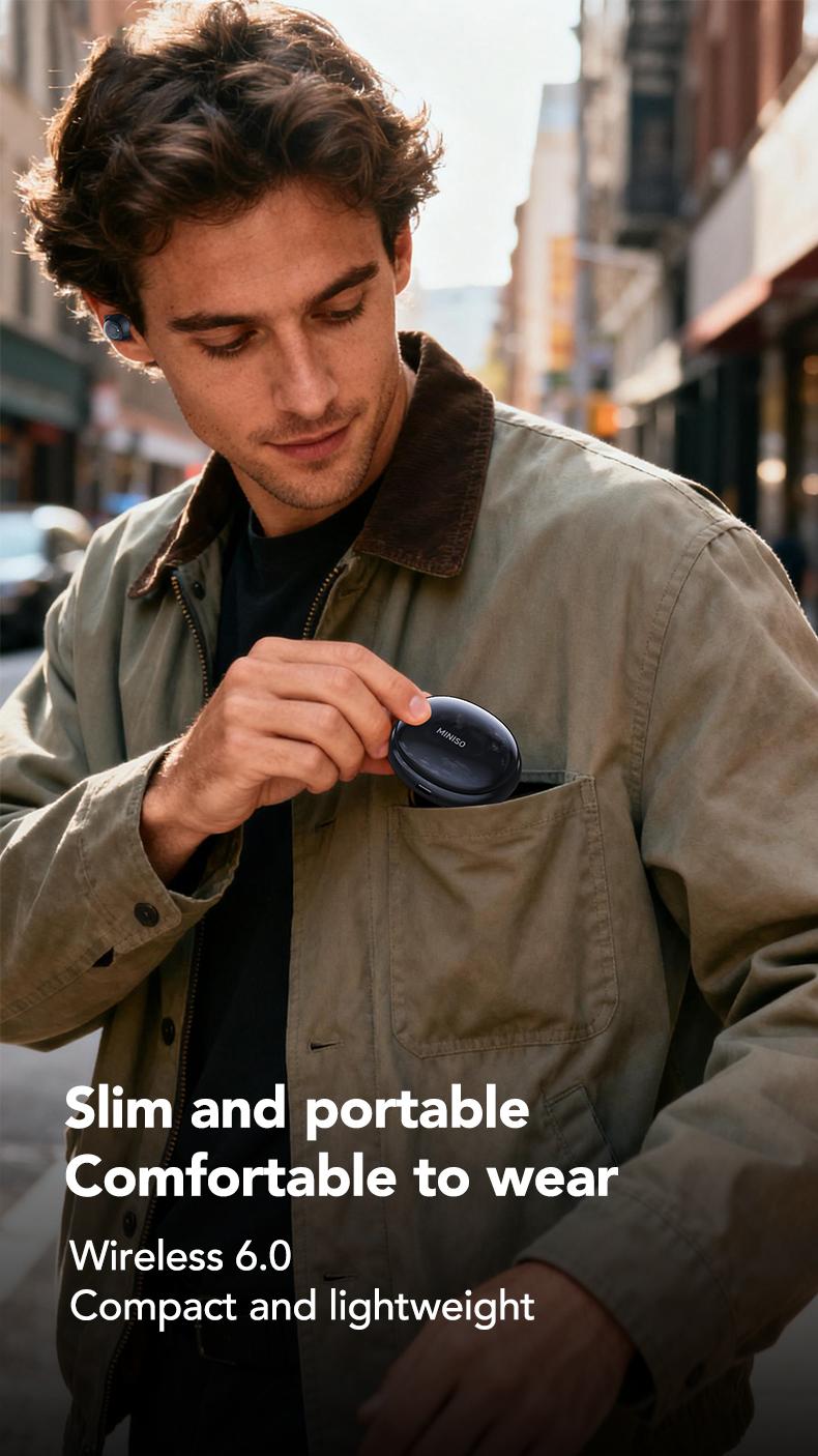 MINISO MS216 Sleep Headphones, comes with free sleep earplugs, buy one get one free.  These mini wireless Bluetooth 6.0 earbuds feature liquid silicone material, high-definition sound quality, and a battery level display. Suitable for work and travel.