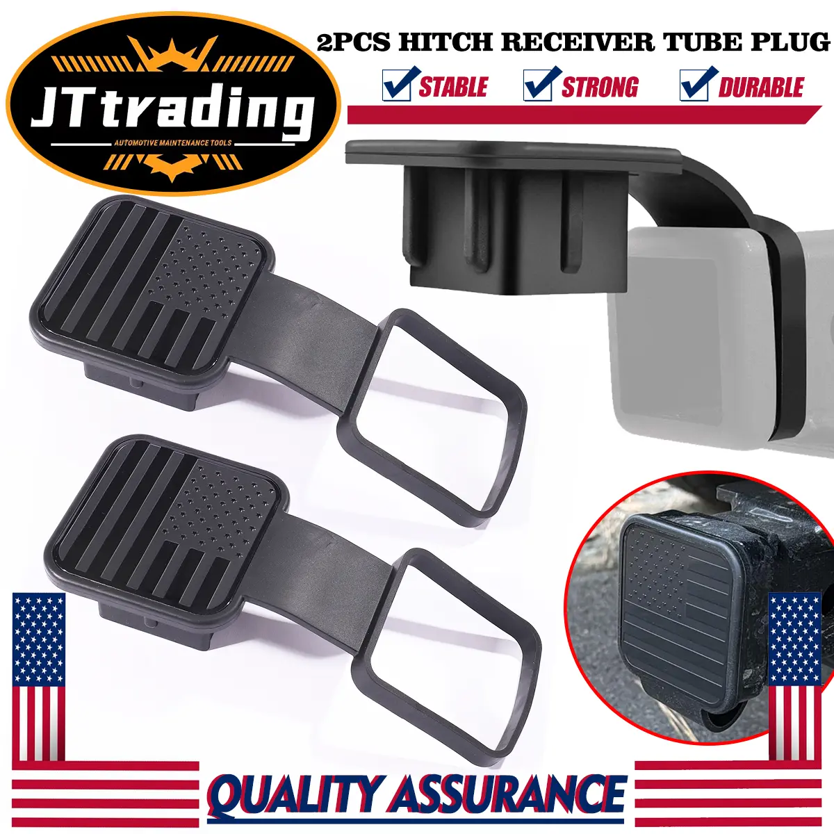 Black American Flag Emblem Trailer Hitch Cover Cap - 1/2 Pcs, 2 In Tube Plug, Rubber Base, 4-Way Flat Insert, Universal Fit, 2x2 Tube Compatible, Car Wash Safe, Easy Installation, ATV/Car/RV Exterior Accessory, Camping Essential, 2 Piece Sets