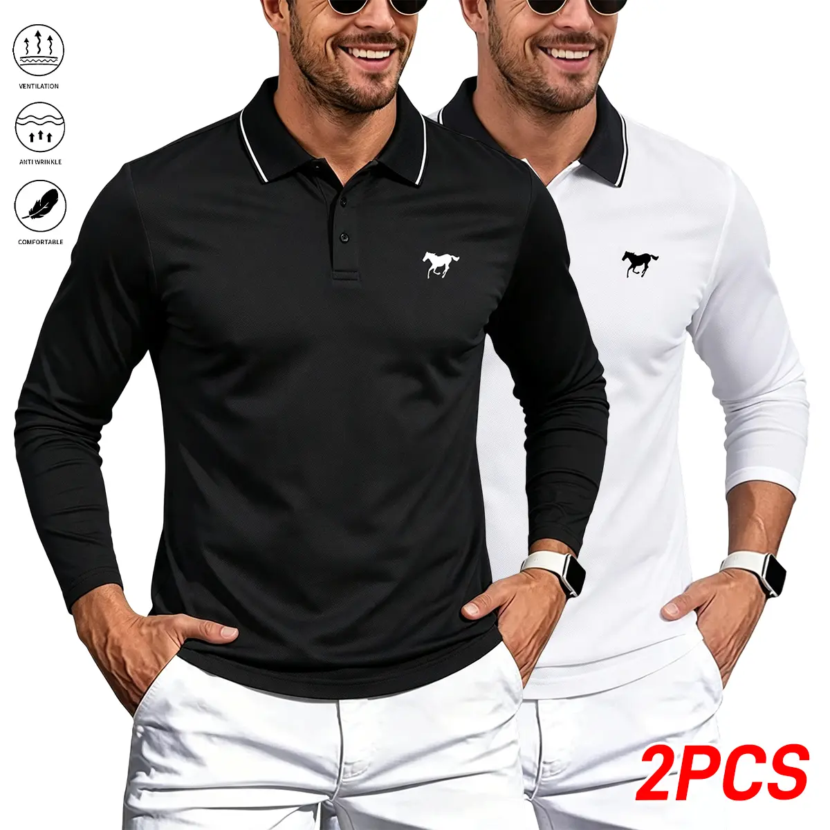 Men’s 2-Pack Long-Sleeve Polo Shirts, Solid Colors Polyester Clothes - Soft, Comfortable, Breathable - Suitable for Golf, Badminton, Everyday Outings - Ideal for Men’s Casual & Business Tops