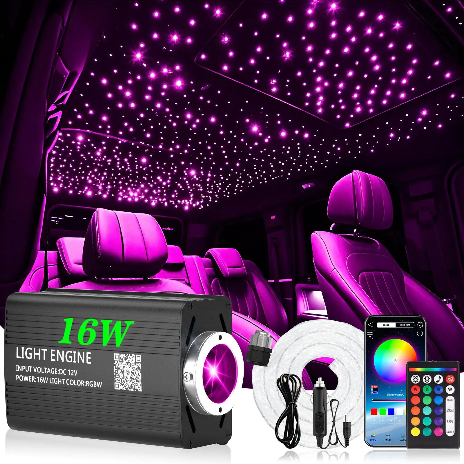 Starlight Headliner Fiber Optic Kit, 16W RGB LED Star Lights, APP & Voice & Remote Control, 20 Lighting Modes, 0.75mm 3m Fiber Optic Cable, 300/500/800/1000 PCS Multicolor Starry Ceiling Light, 12V Compact Car Roof Starlight Atmosphere Accessories